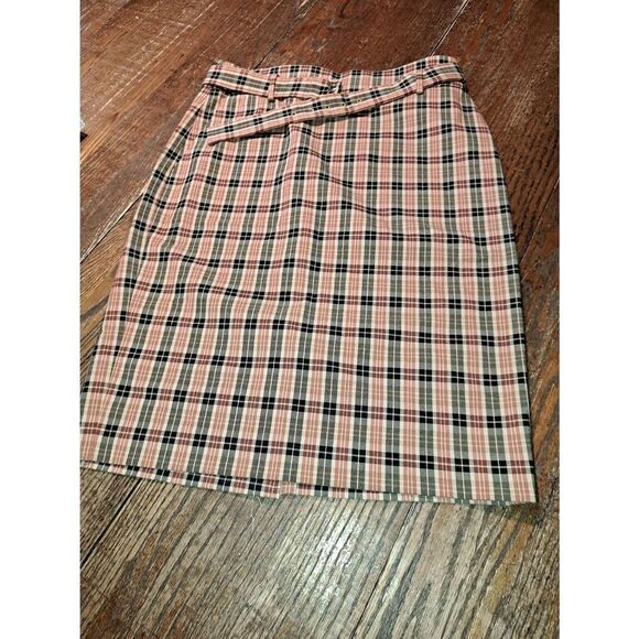 Size 8 Ann Taylor Factory Tan Brown Black Plaid Midi Pencil Skirt with Belt - Picture 1 of 4